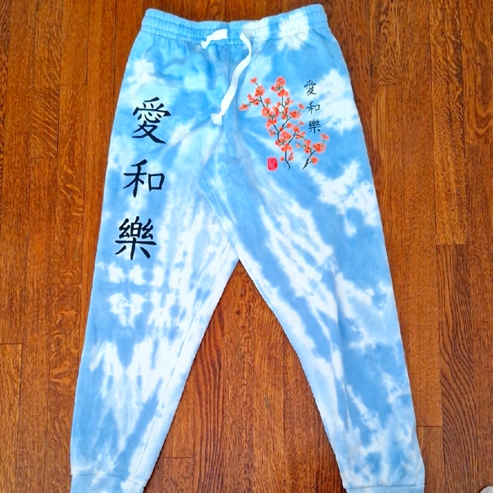 Blue Tie-Dye Joggers with Floral Embroidery